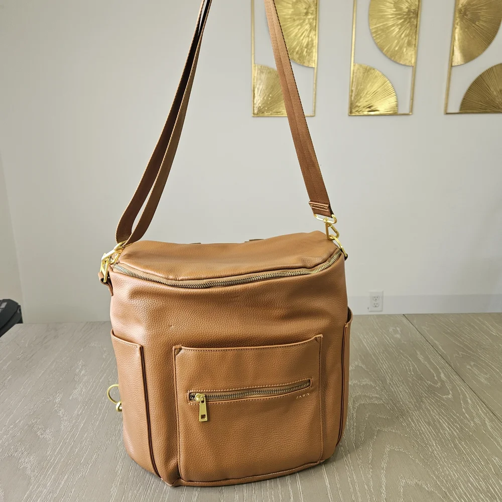 Fawn Design Brown Faux Leather Diaper Bag the Original With Brown Stroller Clips